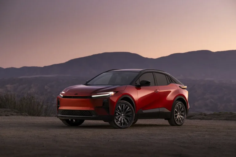 2026 Toyota C-HR XSE battery electric SUV, front three-quarter view at dusk
