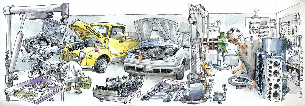 Illustration of mechanics repairing cars inside an auto repair shop (Wikimedia Commons, CC BY-SA 3.0)