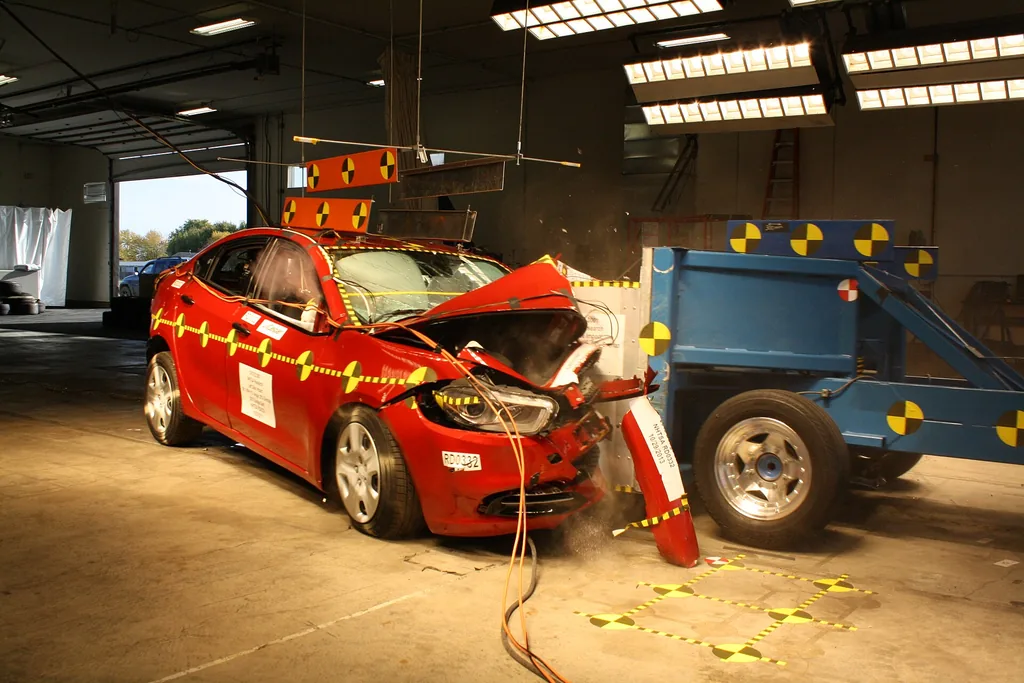 Oblique frontal crash test of a Dodge Dart, NHTSA photo (public domain)