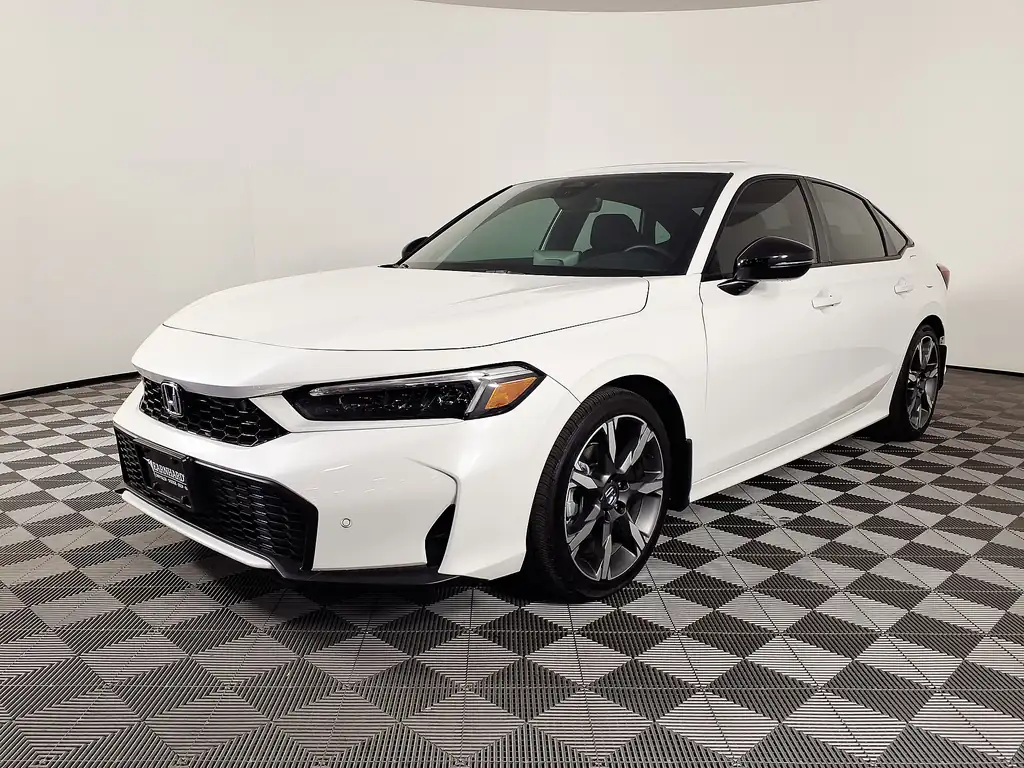 Honda Civic Hybrid Sport Touring (11th gen facelift, 2025+ design) - front 3/4 exterior, white (studio)