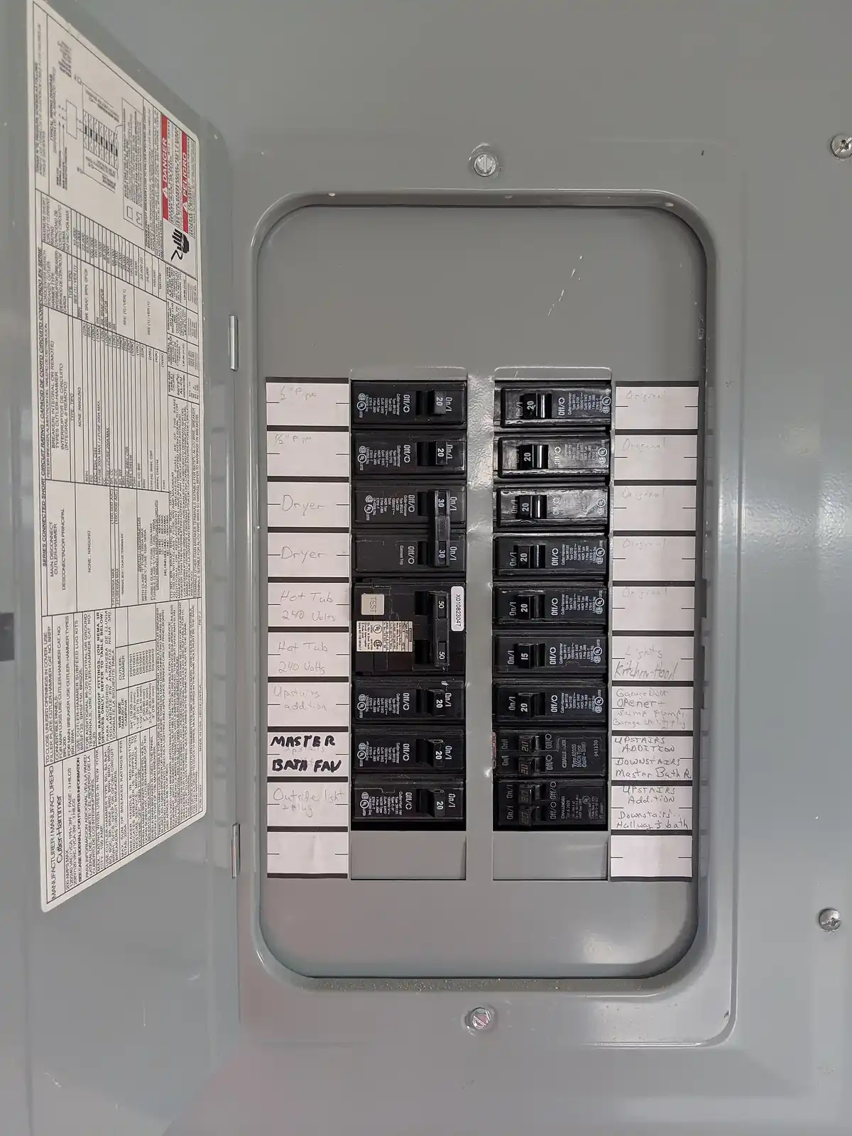 Open residential electrical panel showing rows of circuit breakers in a US home