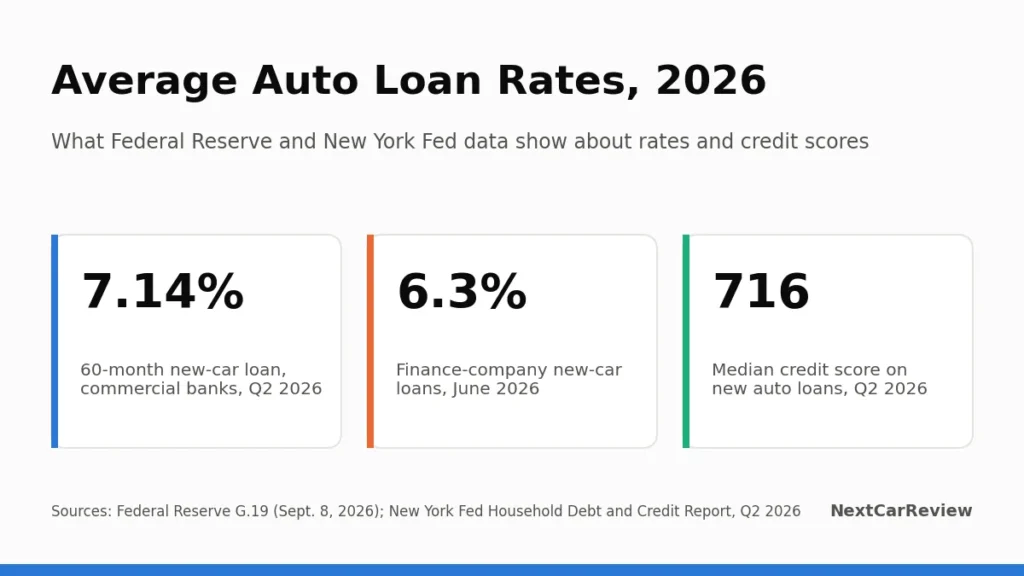 Card showing 2026 auto loan rates: 7.14% bank 60-month, 6.3% finance company, 716 median credit score