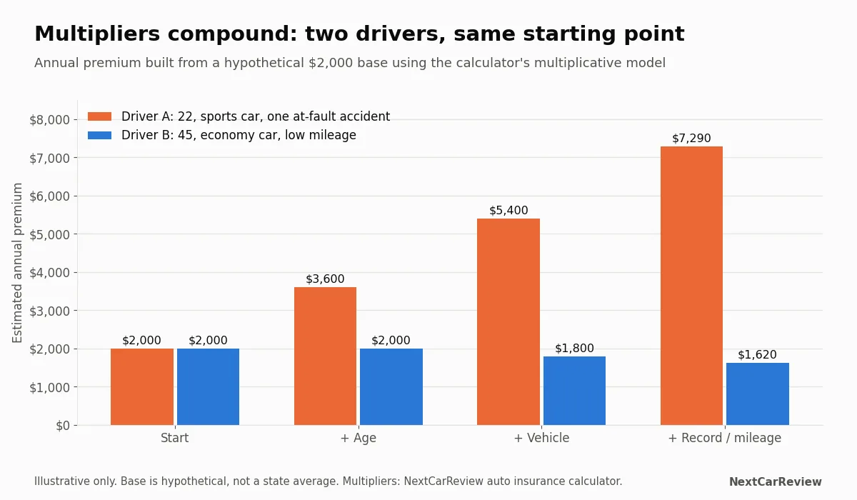 Grouped bars showing how two drivers premiums diverge as age, vehicle and record multipliers are applied to a hypothetical base