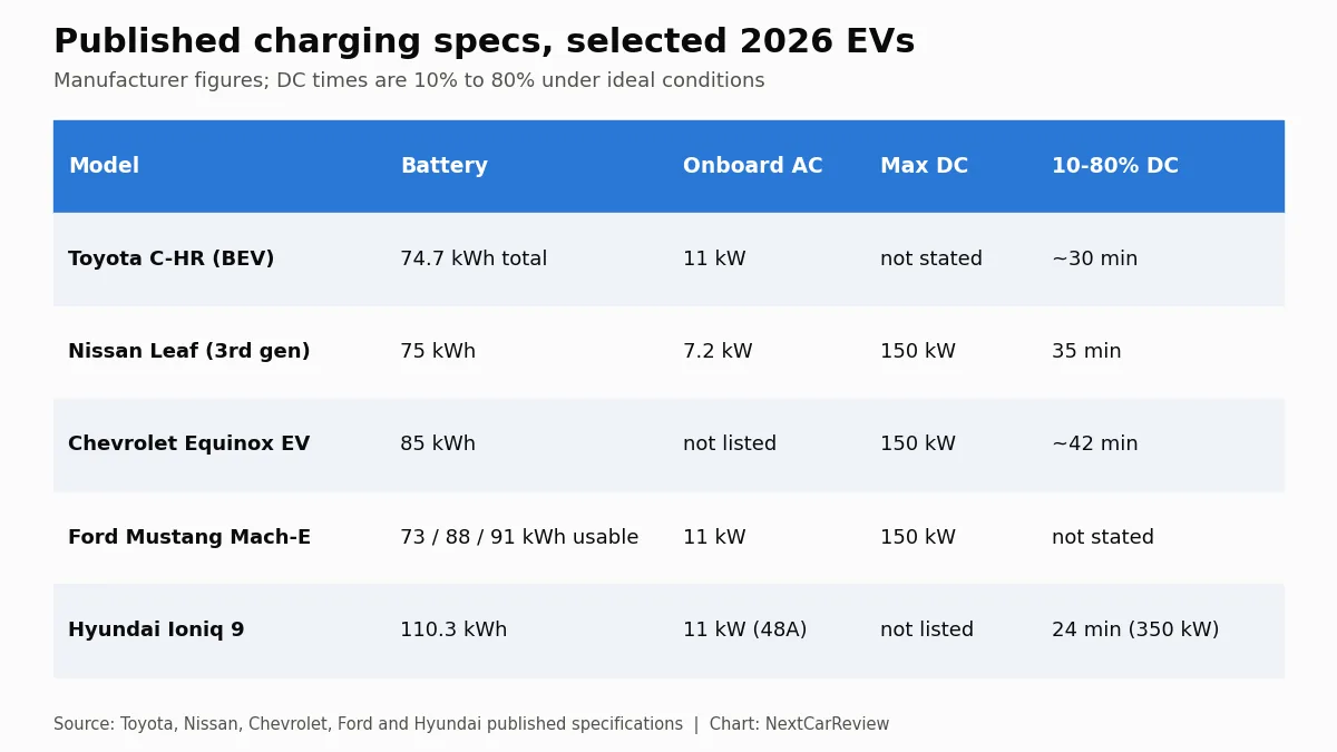 Chart: Published charging specs, selected 2026 EVs. Manufacturer figures; DC times are 10% to 80% under ideal conditions