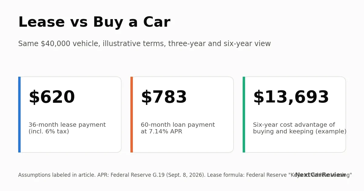 Card comparing a 620 dollar lease payment with a 783 dollar loan payment on a 40,000 dollar car