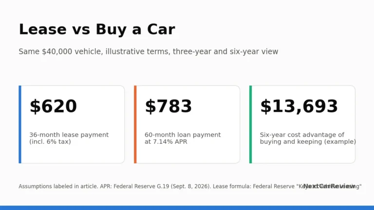 Card comparing a 620 dollar lease payment with a 783 dollar loan payment on a 40,000 dollar car