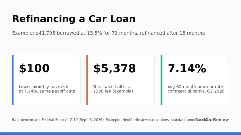 Card showing a lower monthly payment and total savings from refinancing a car loan, plus the 7.14 percent average bank rate