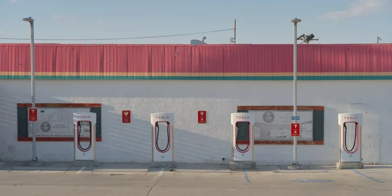 Row of red-and-white Tesla Supercharger stalls along a wall in Inyokern, California