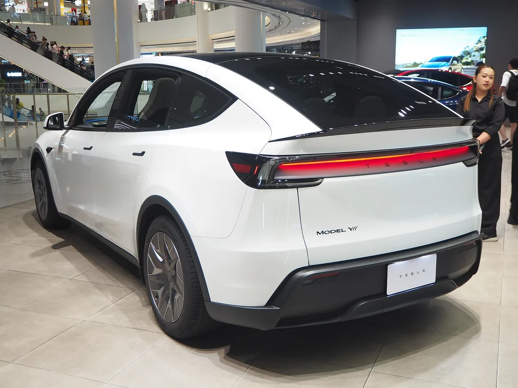2026 Tesla Model Y L Long Range AWD, rear view, at a Bangkok showroom (non-US market vehicle; license CC BY-SA 4.0)