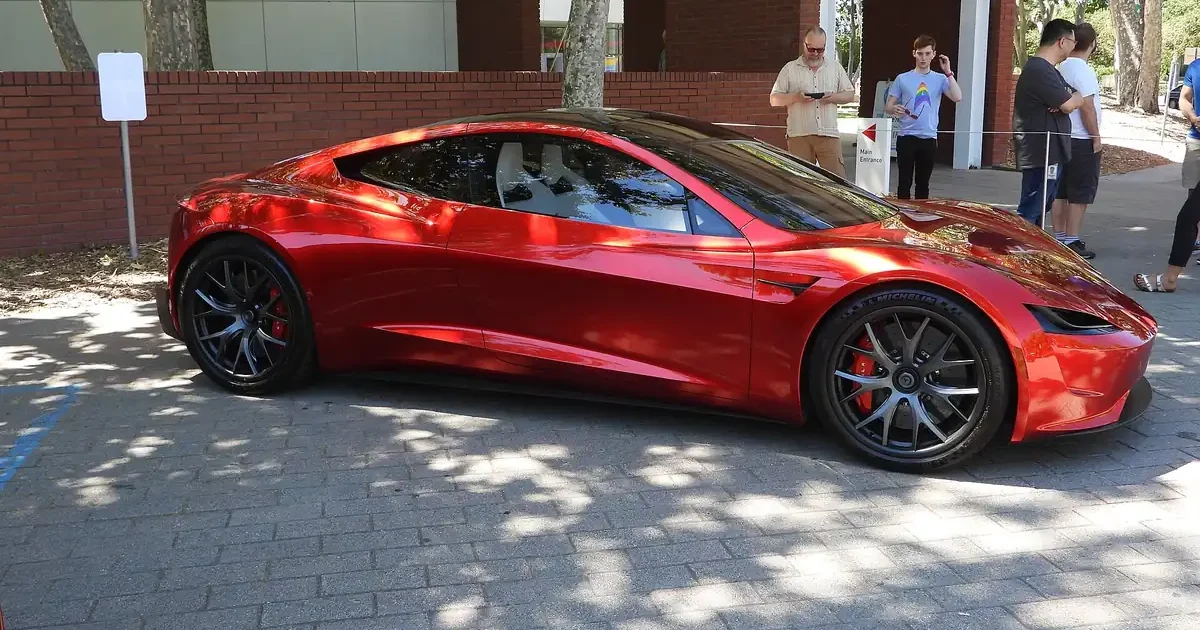 Red second-generation Tesla Roadster prototype (2017 design) parked outside the Computer History Museum