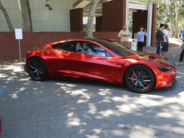 Red second-generation Tesla Roadster prototype (2017 design) parked outside the Computer History Museum
